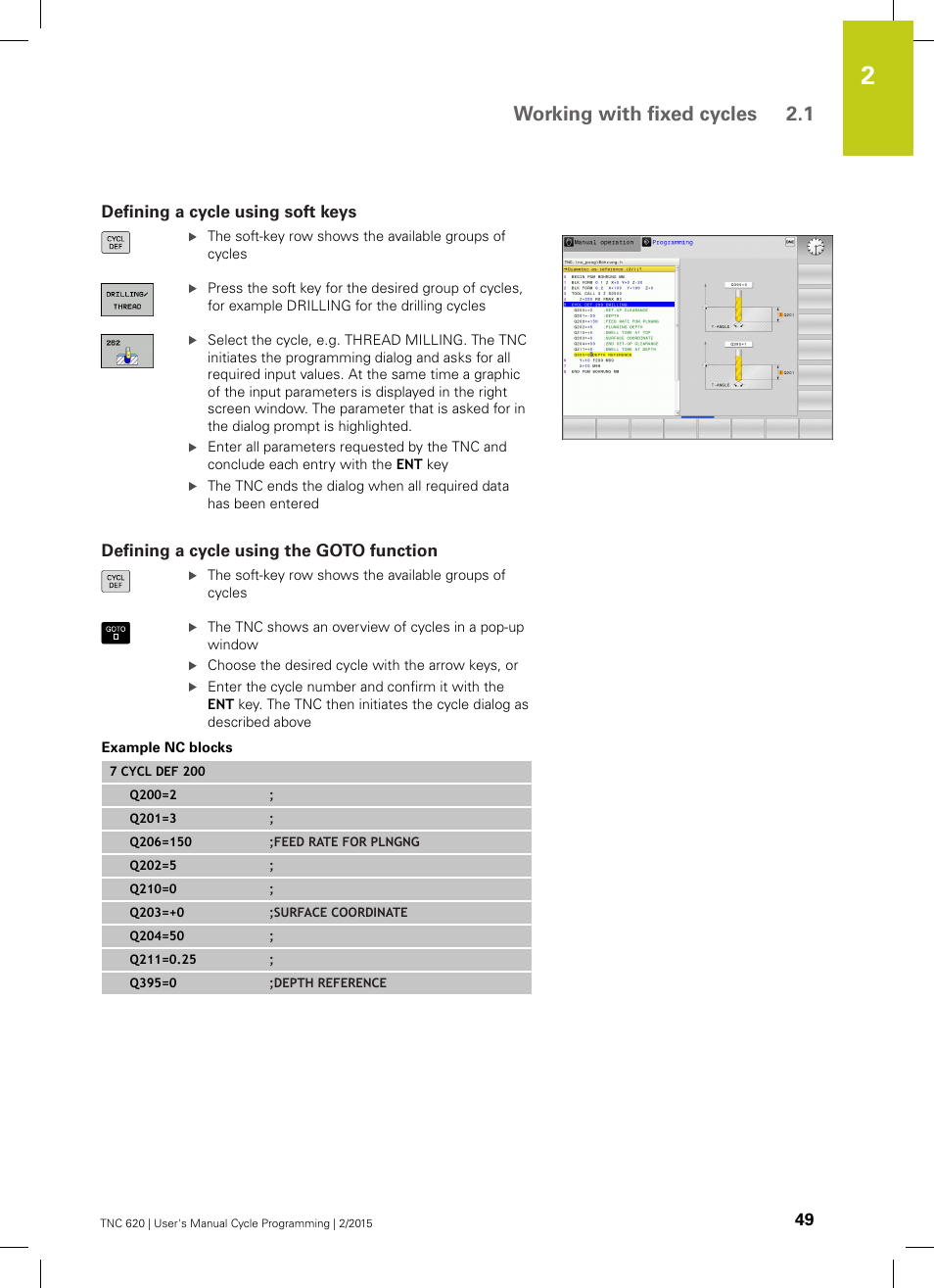 Defining a cycle using soft keys, Defining a cycle using the goto function, Working with fixed cycles 2.1 | HEIDENHAIN TNC 620 (81760x-02) Cycle programming User Manual | Page 49 / 490