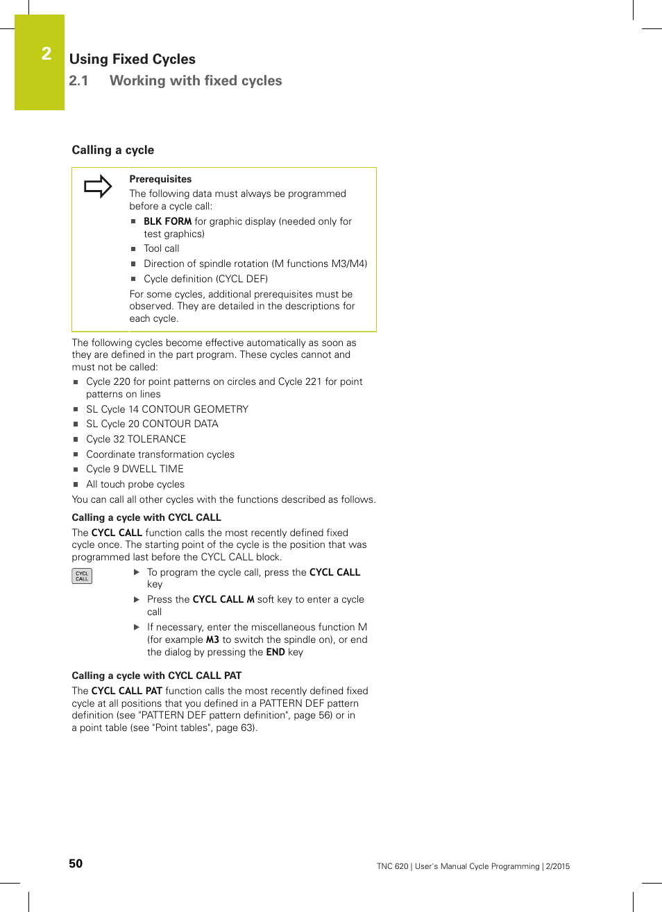 Calling a cycle, Using fixed cycles 2.1 working with fixed cycles | HEIDENHAIN TNC 620 (81760x-02) Cycle programming User Manual | Page 50 / 490