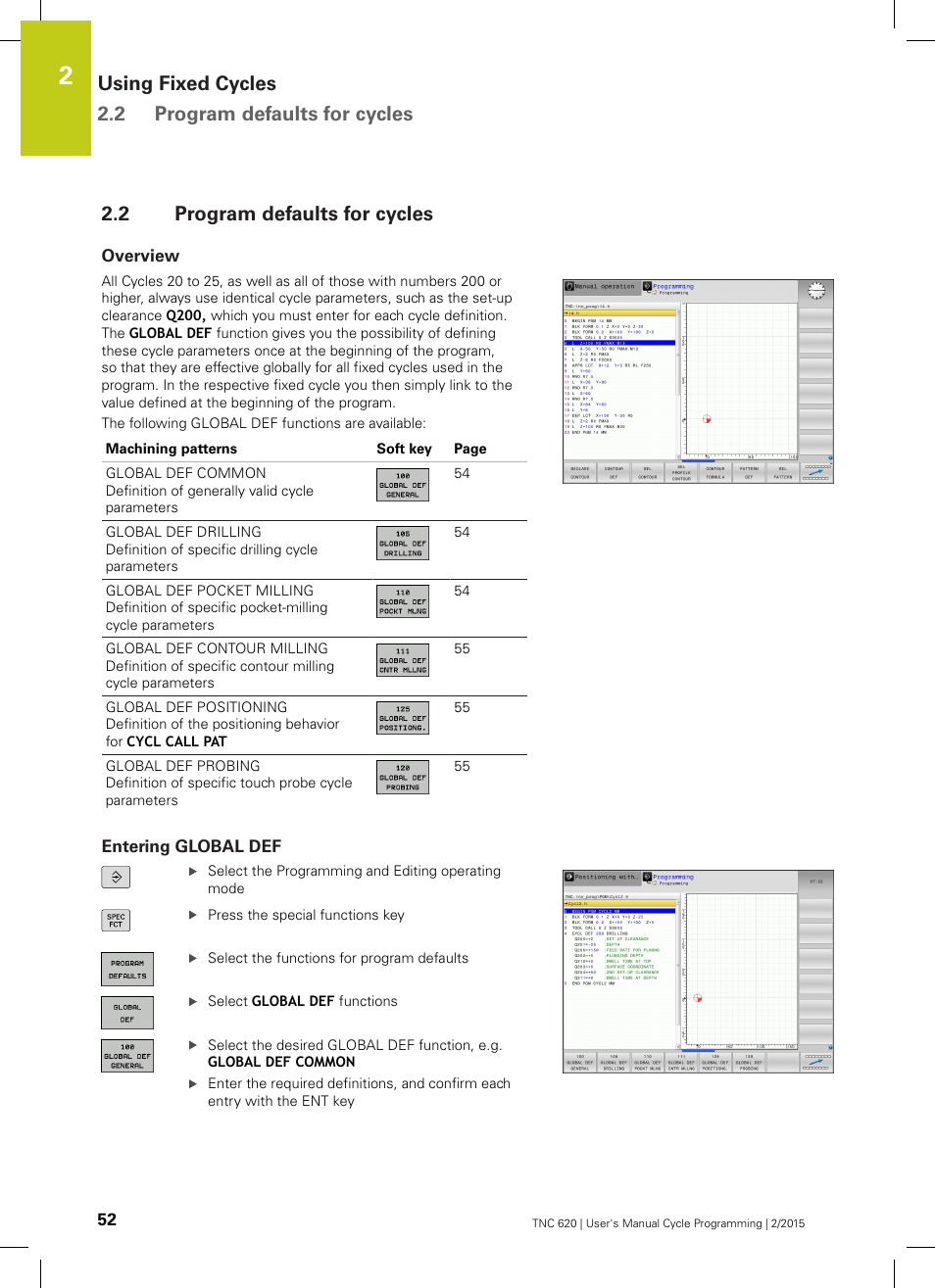 2 program defaults for cycles, Overview, Entering global def | Program defaults for cycles, Using fixed cycles 2.2 program defaults for cycles | HEIDENHAIN TNC 620 (81760x-02) Cycle programming User Manual | Page 52 / 490