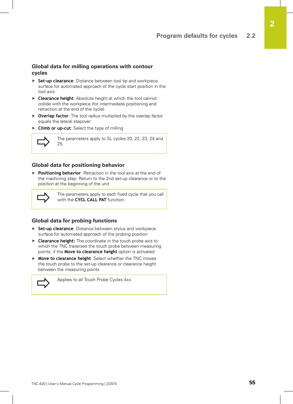 Global data for positioning behavior, Global data for probing functions, Program defaults for cycles 2.2 | HEIDENHAIN TNC 620 (81760x-02) Cycle programming User Manual | Page 55 / 490