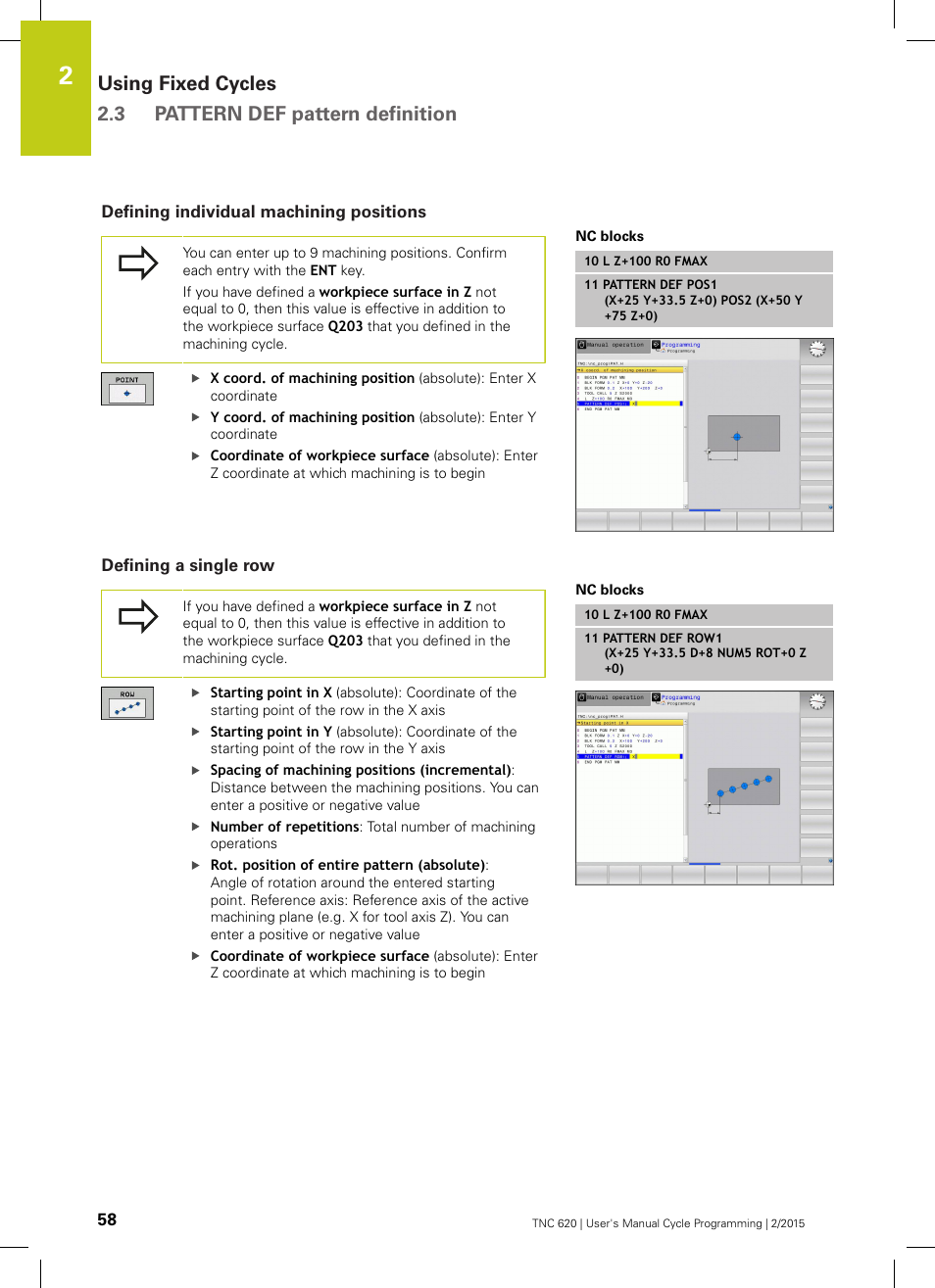 Defining individual machining positions, Defining a single row | HEIDENHAIN TNC 620 (81760x-02) Cycle programming User Manual | Page 58 / 490