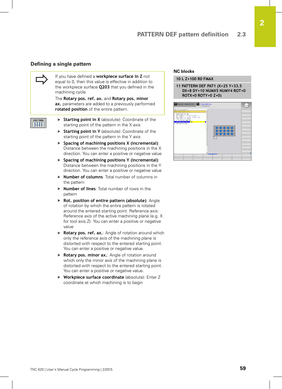 Defining a single pattern, Pattern def pattern definition 2.3 | HEIDENHAIN TNC 620 (81760x-02) Cycle programming User Manual | Page 59 / 490