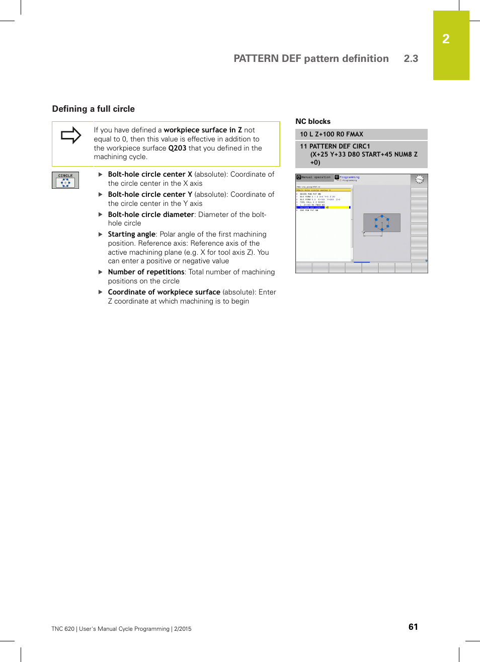 Defining a full circle, Pattern def pattern definition 2.3 | HEIDENHAIN TNC 620 (81760x-02) Cycle programming User Manual | Page 61 / 490
