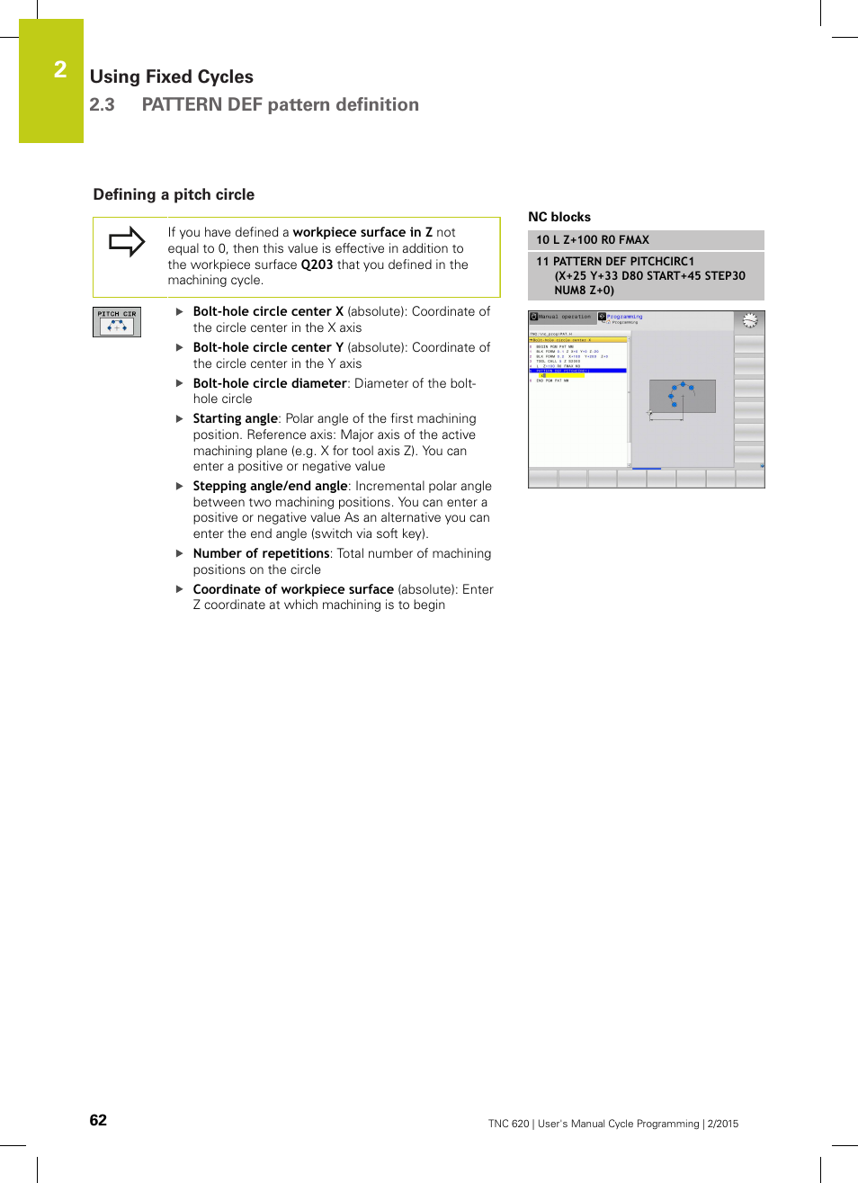 Defining a pitch circle | HEIDENHAIN TNC 620 (81760x-02) Cycle programming User Manual | Page 62 / 490