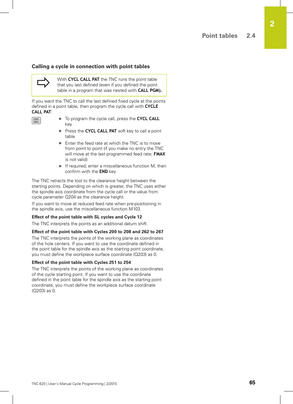 Calling a cycle in connection with point tables, Point tables 2.4 | HEIDENHAIN TNC 620 (81760x-02) Cycle programming User Manual | Page 65 / 490