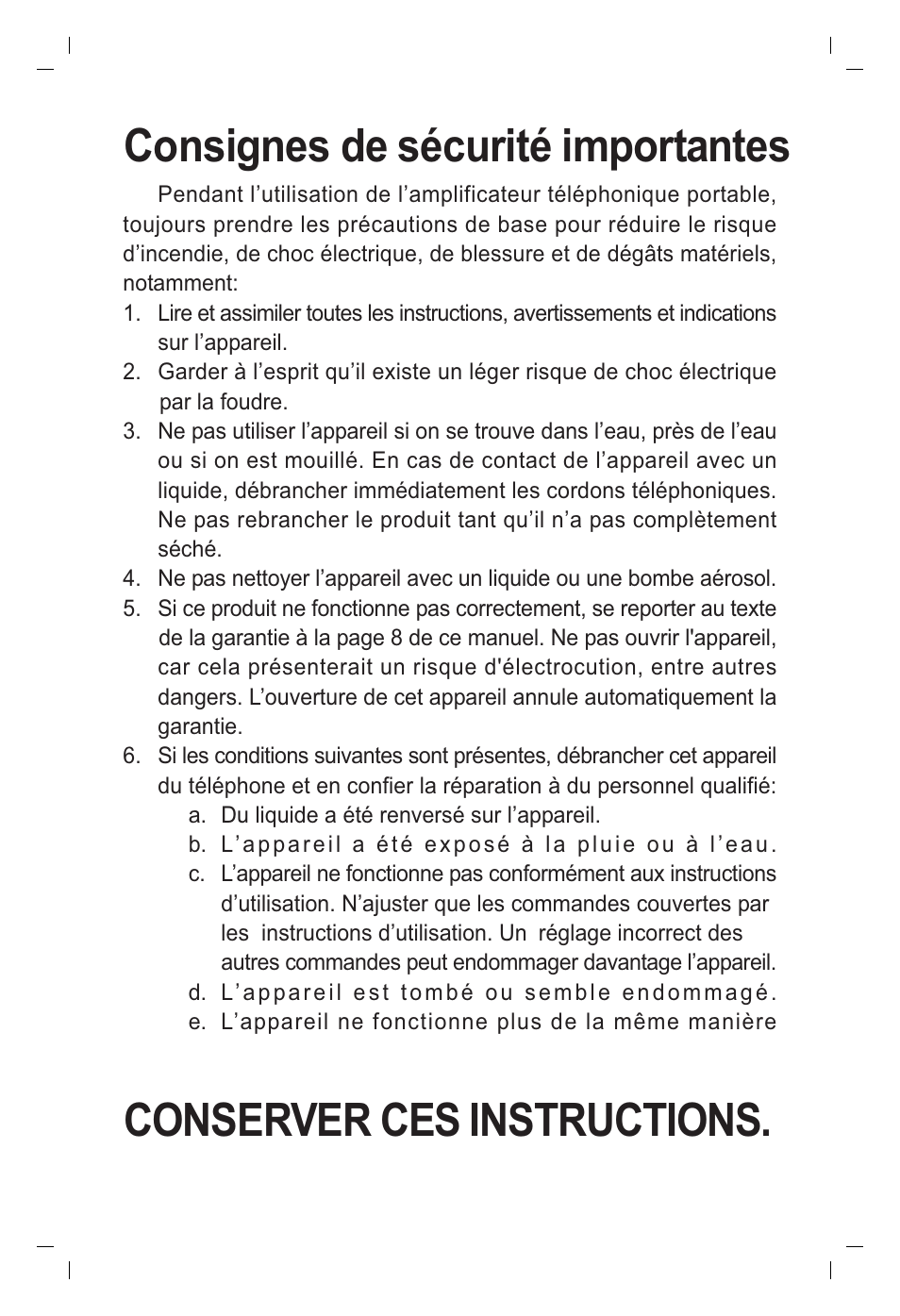 Consignes de sécurité importantes, Conserver ces instructions | ClearSounds IL40 User Manual | Page 10 / 28