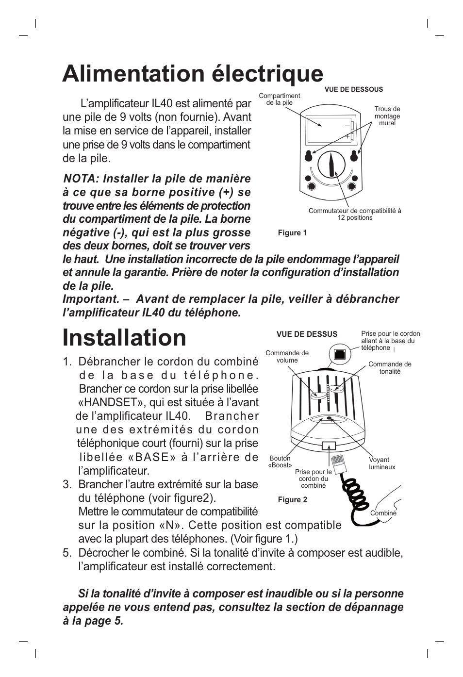Alimentation électrique, Installation | ClearSounds IL40 User Manual | Page 11 / 28