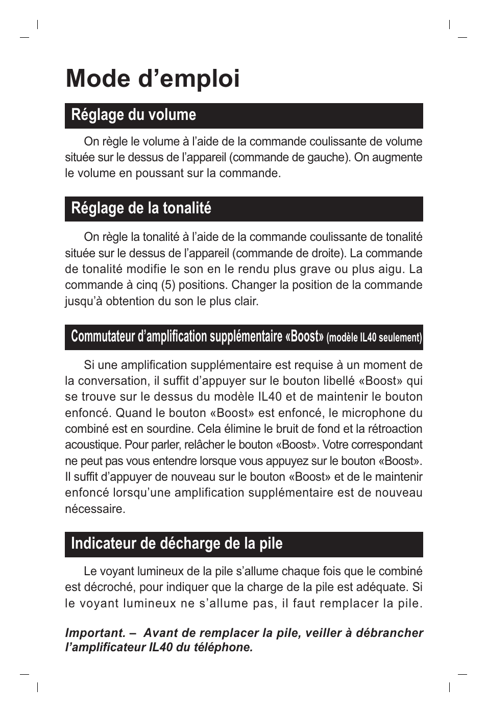 Mode demploi, Réglage du volume, Indicateur de décharge de la pile | ClearSounds IL40 User Manual | Page 12 / 28