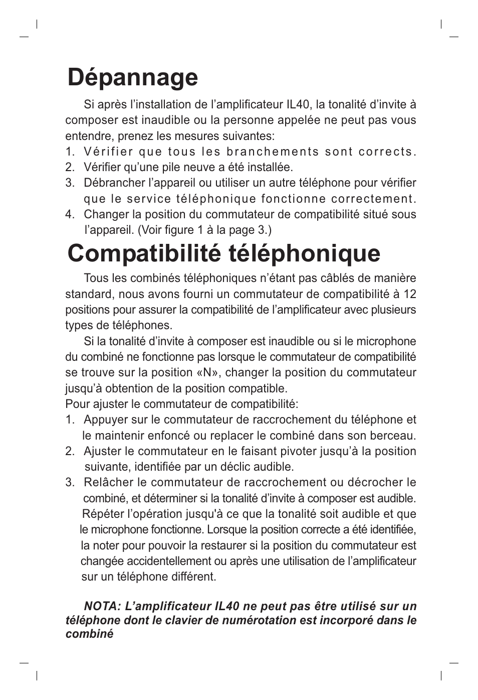 Dépannage compatibilité téléphonique | ClearSounds IL40 User Manual | Page 13 / 28