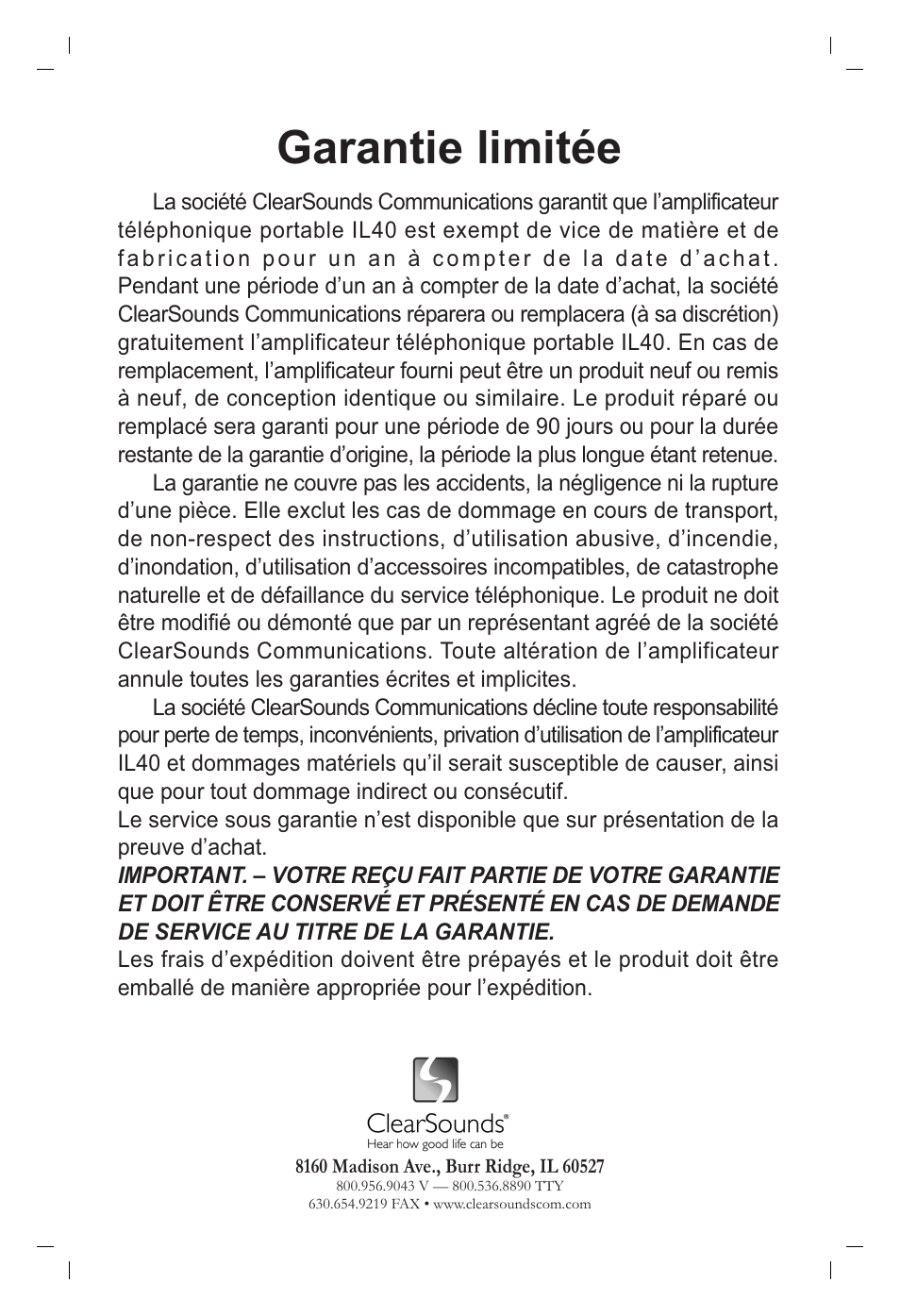 Garantie limitée | ClearSounds IL40 User Manual | Page 18 / 28