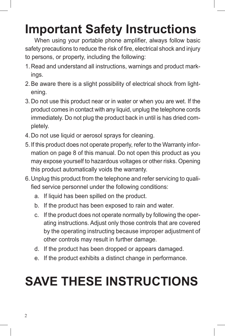Important safety instructions, Save these instructions | ClearSounds IL40 User Manual | Page 2 / 28