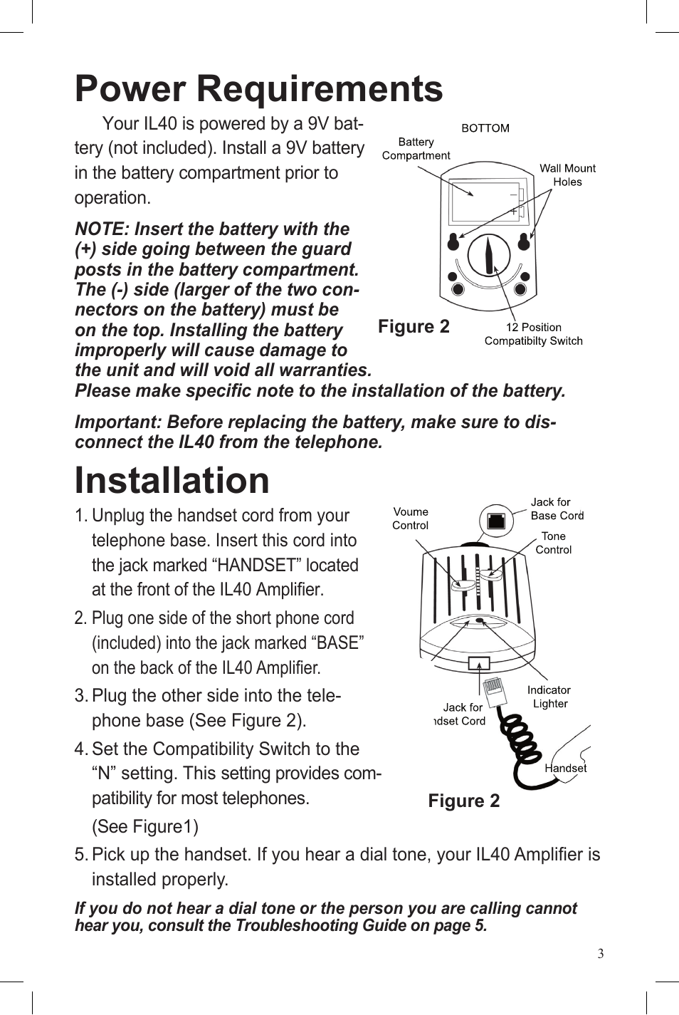 Power requirements, Installation | ClearSounds IL40 User Manual | Page 3 / 28