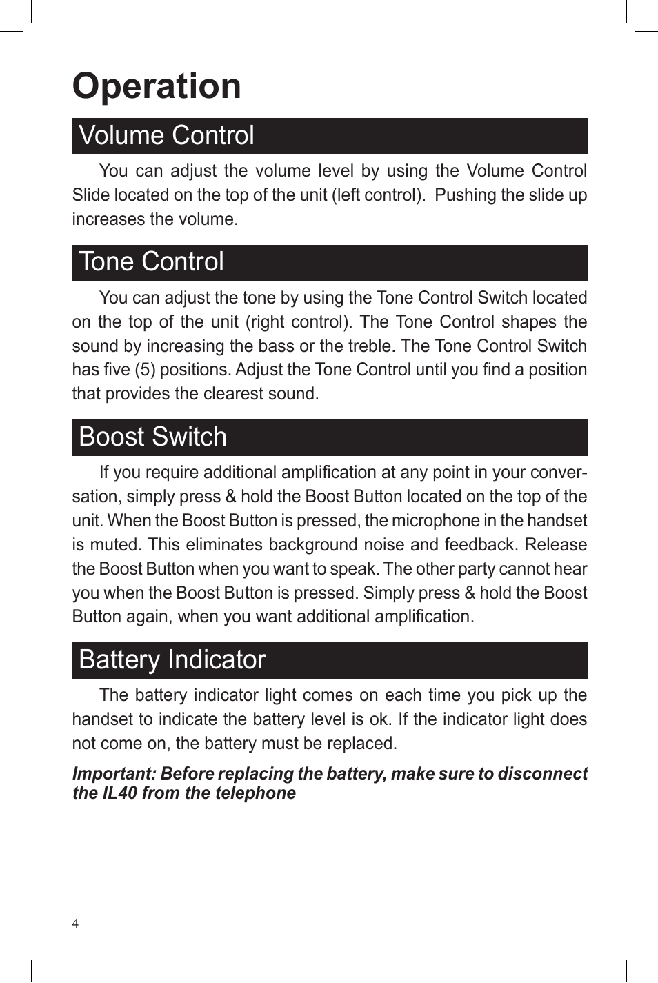 Operation, Volume control, Tone control | Boost switch, Battery indicator | ClearSounds IL40 User Manual | Page 4 / 28