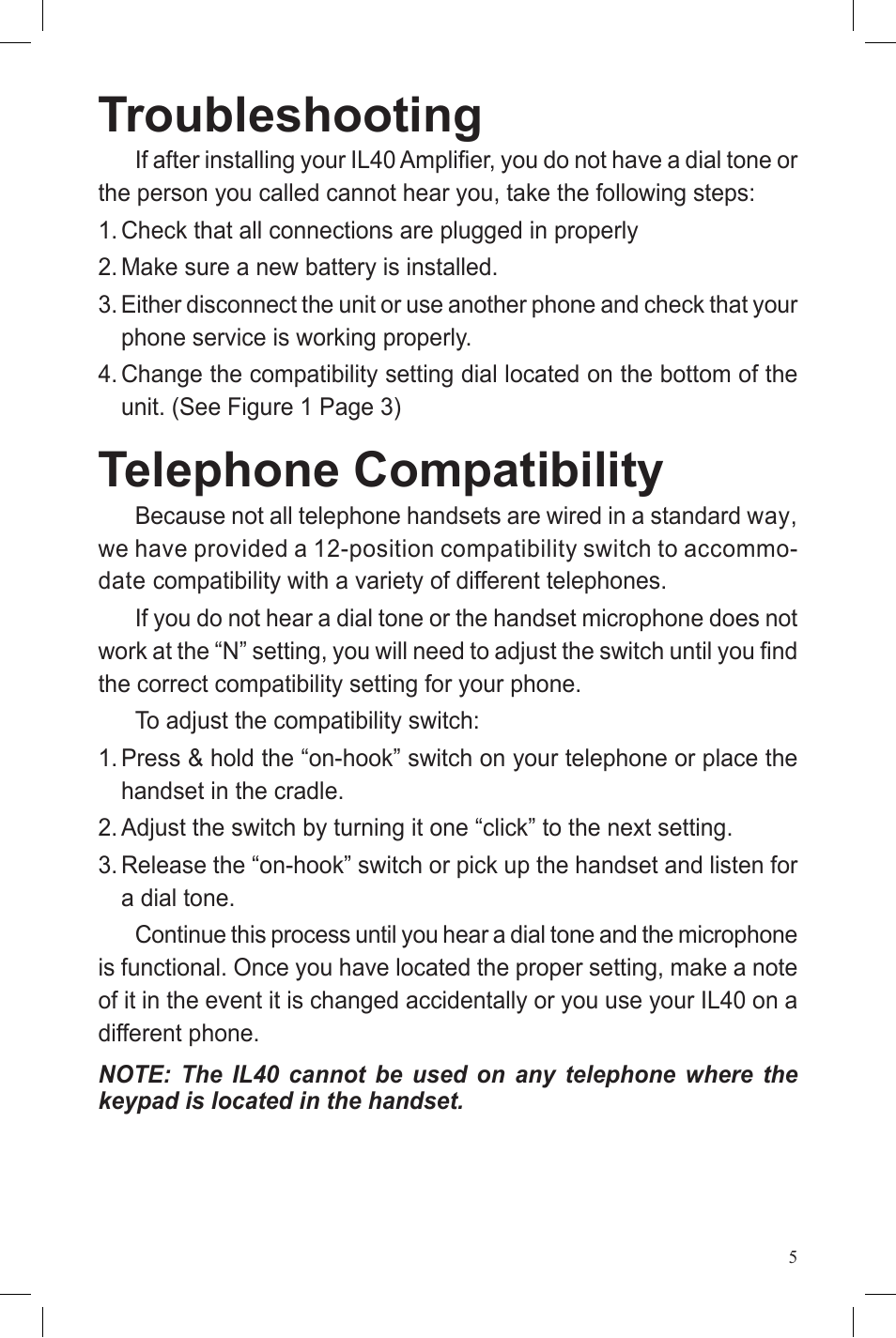 Troubleshooting, Telephone compatibility | ClearSounds IL40 User Manual | Page 5 / 28
