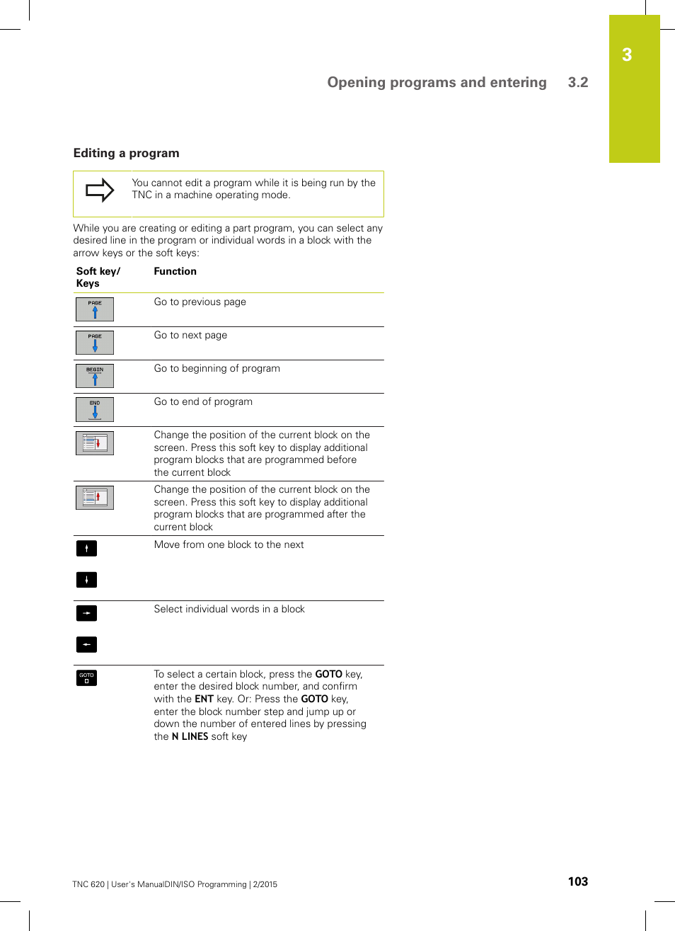 Editing a program, Opening programs and entering 3.2 | HEIDENHAIN TNC 620 (81760x-02) ISO programming User Manual | Page 103 / 629