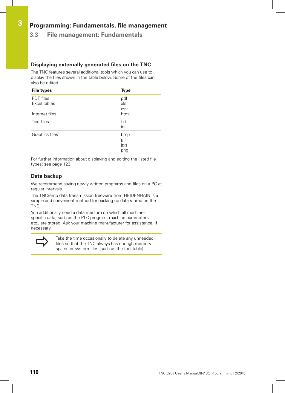 Displaying externally generated files on the tnc, Data backup | HEIDENHAIN TNC 620 (81760x-02) ISO programming User Manual | Page 110 / 629