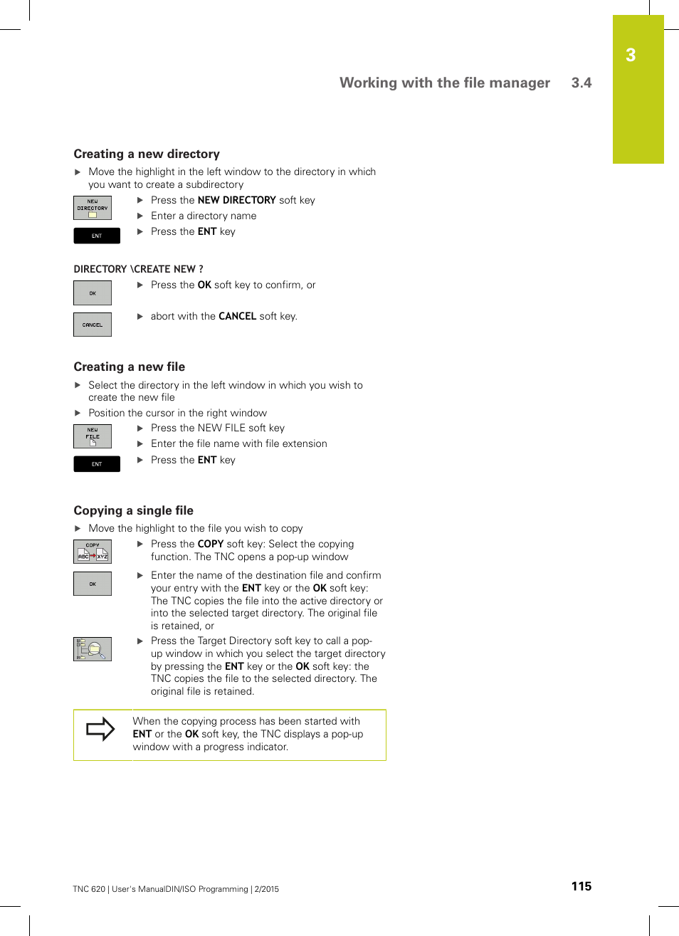 Creating a new directory, Creating a new file, Copying a single file | Working with the file manager 3.4 | HEIDENHAIN TNC 620 (81760x-02) ISO programming User Manual | Page 115 / 629