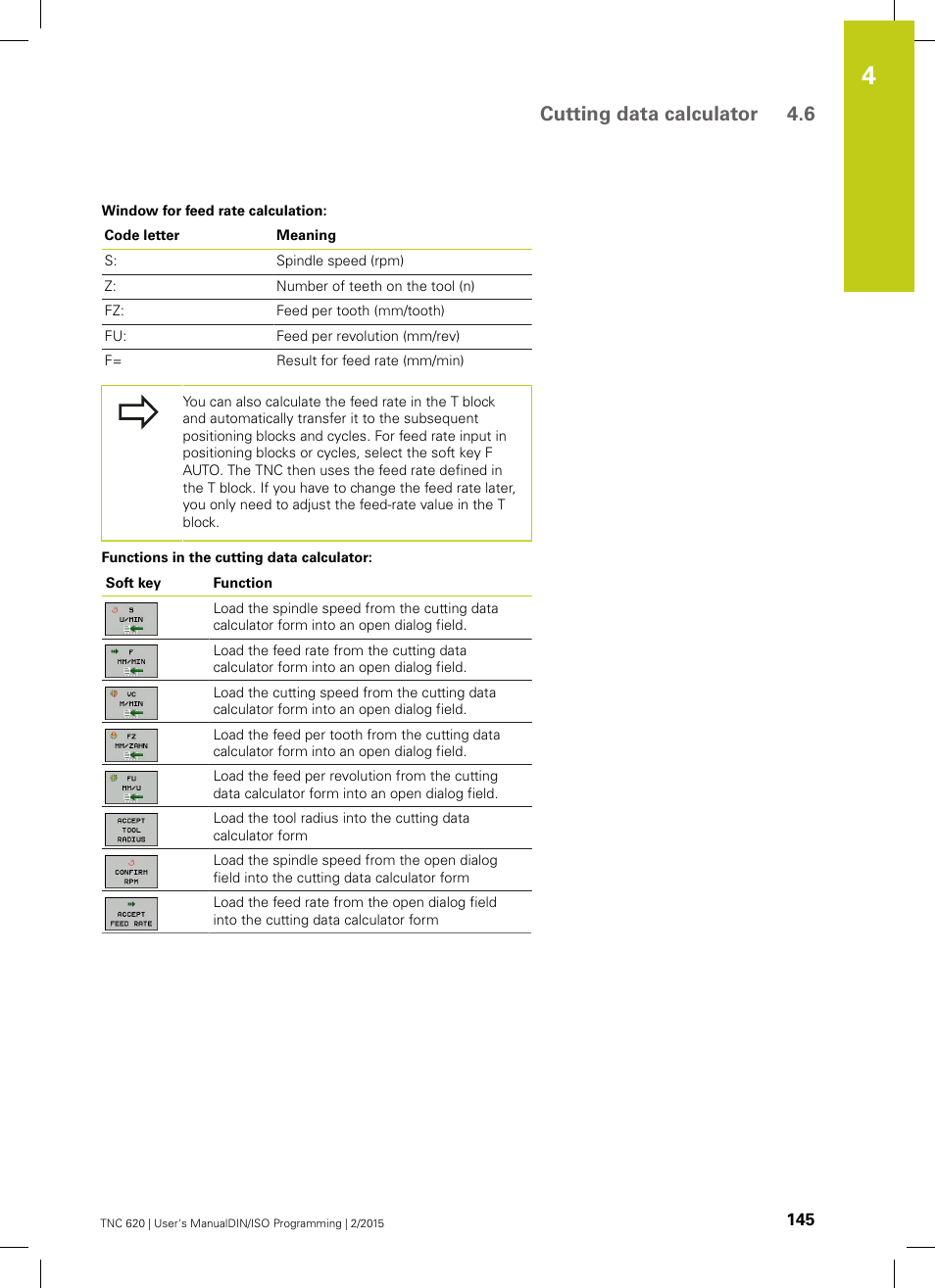 Cutting data calculator 4.6 | HEIDENHAIN TNC 620 (81760x-02) ISO programming User Manual | Page 145 / 629