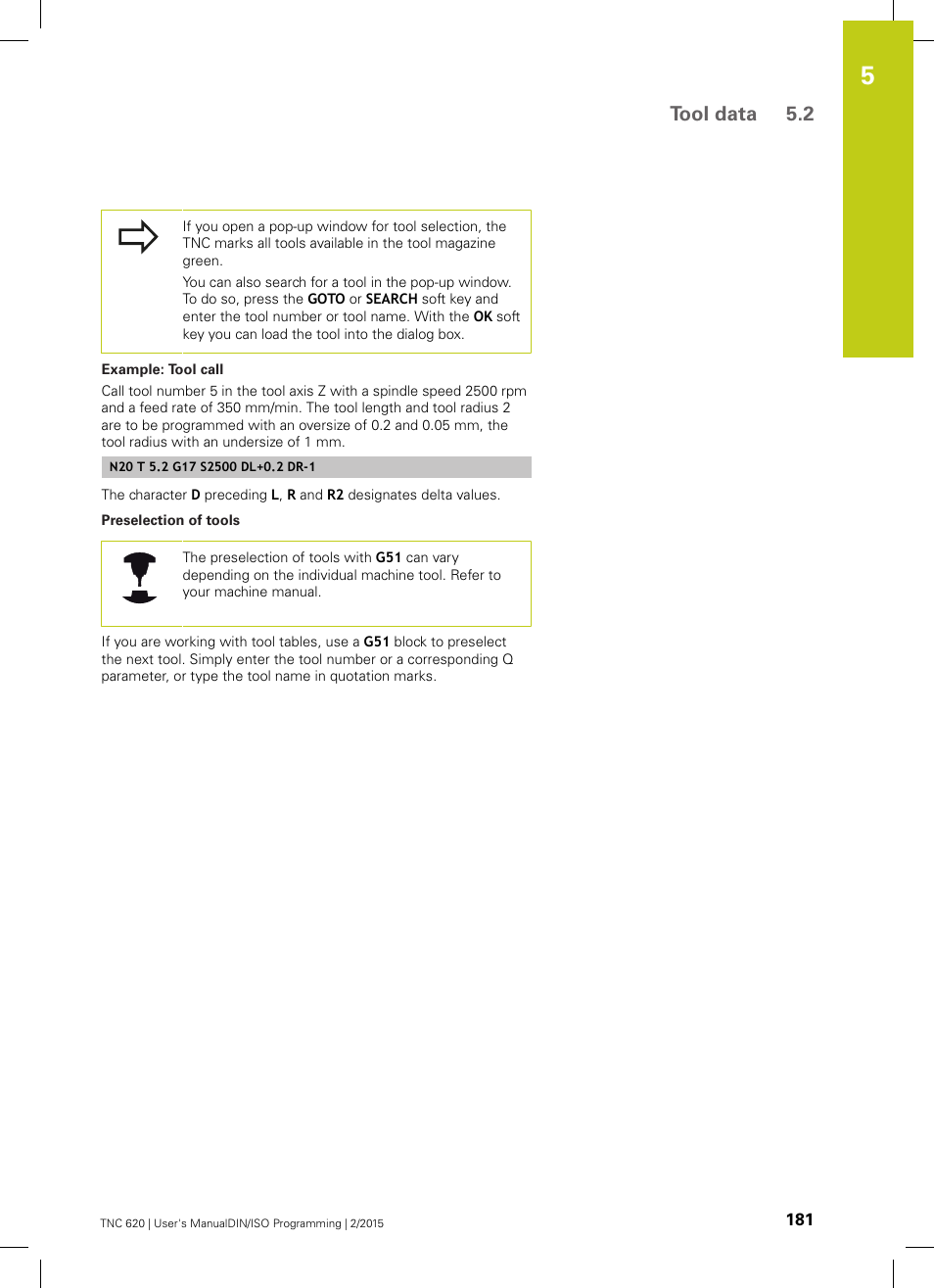 Tool data 5.2 | HEIDENHAIN TNC 620 (81760x-02) ISO programming User Manual | Page 181 / 629