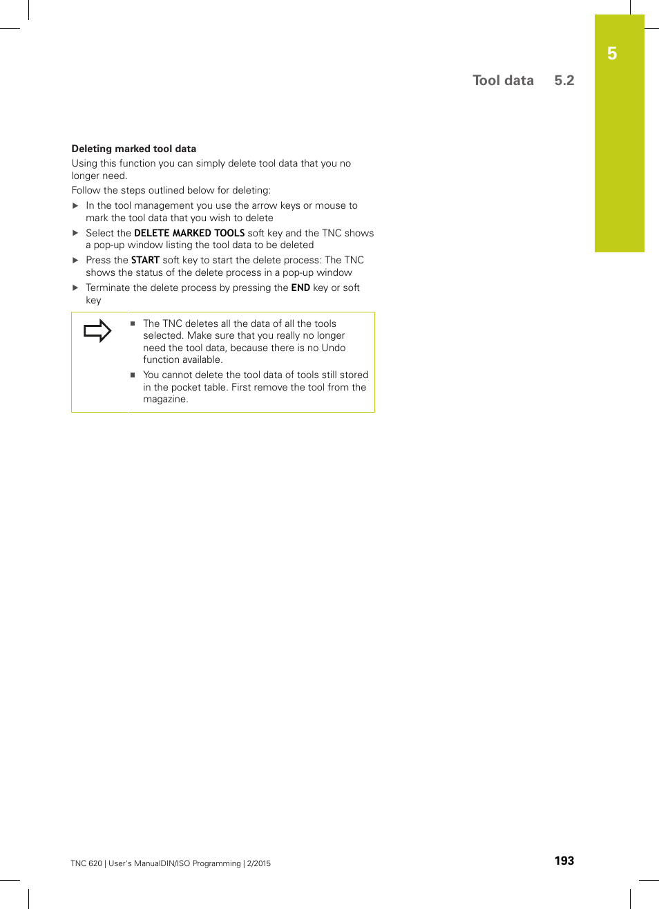 Tool data 5.2 | HEIDENHAIN TNC 620 (81760x-02) ISO programming User Manual | Page 193 / 629