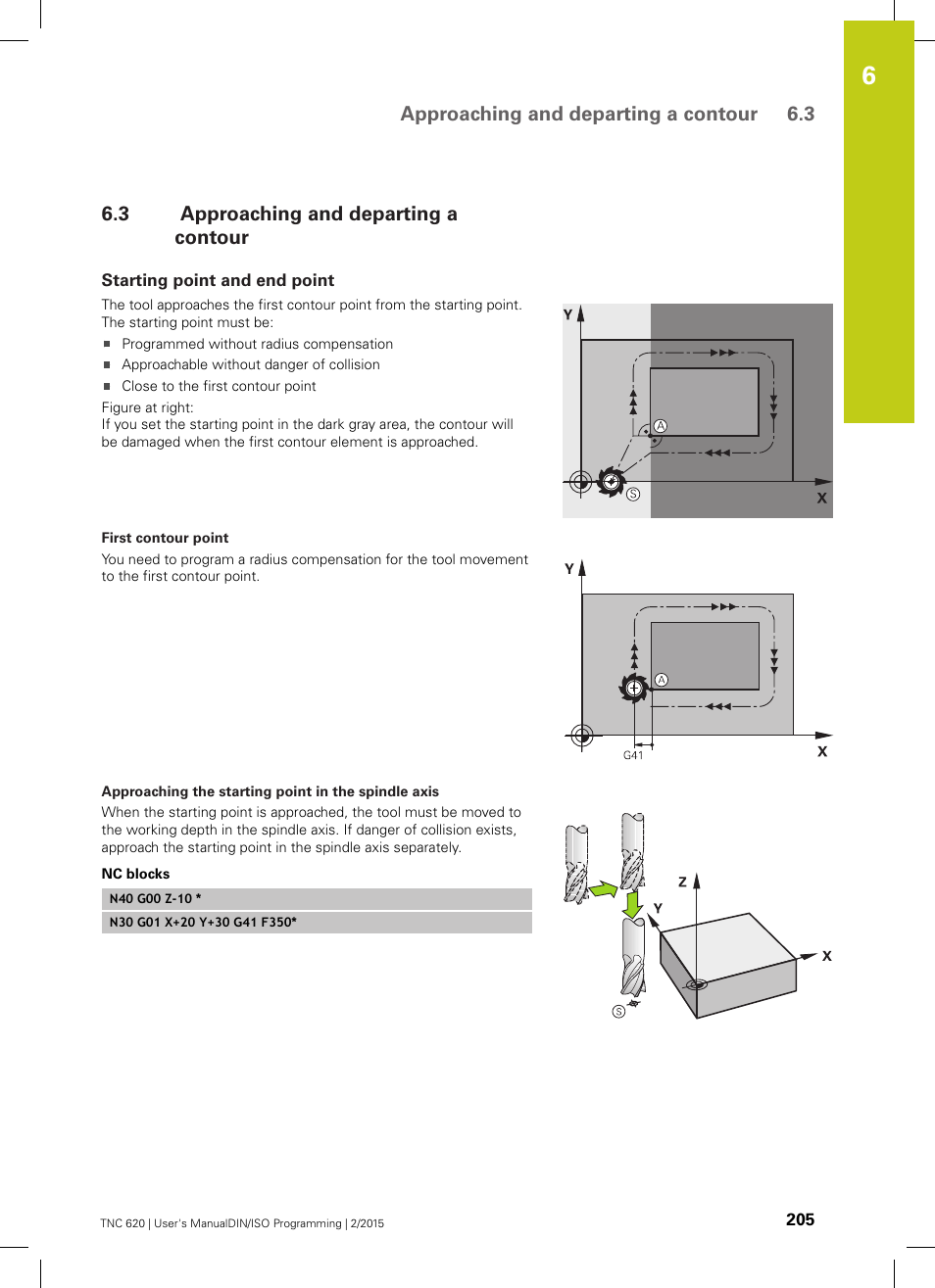 3 approaching and departing a contour, Starting point and end point, Approaching and departing a contour | Approaching and departing a contour 6.3 | HEIDENHAIN TNC 620 (81760x-02) ISO programming User Manual | Page 205 / 629