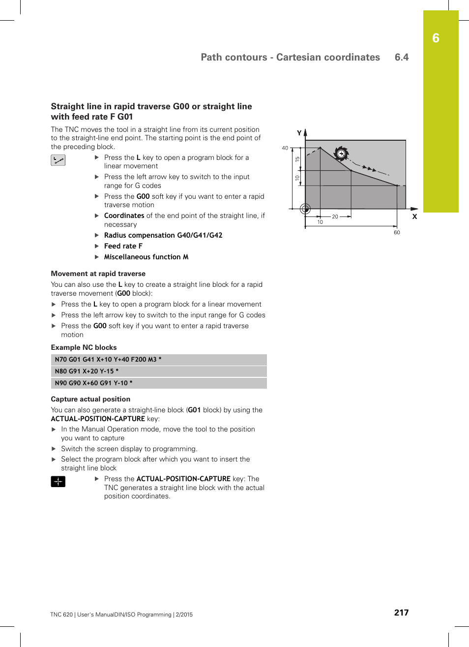 Path contours - cartesian coordinates 6.4 | HEIDENHAIN TNC 620 (81760x-02) ISO programming User Manual | Page 217 / 629