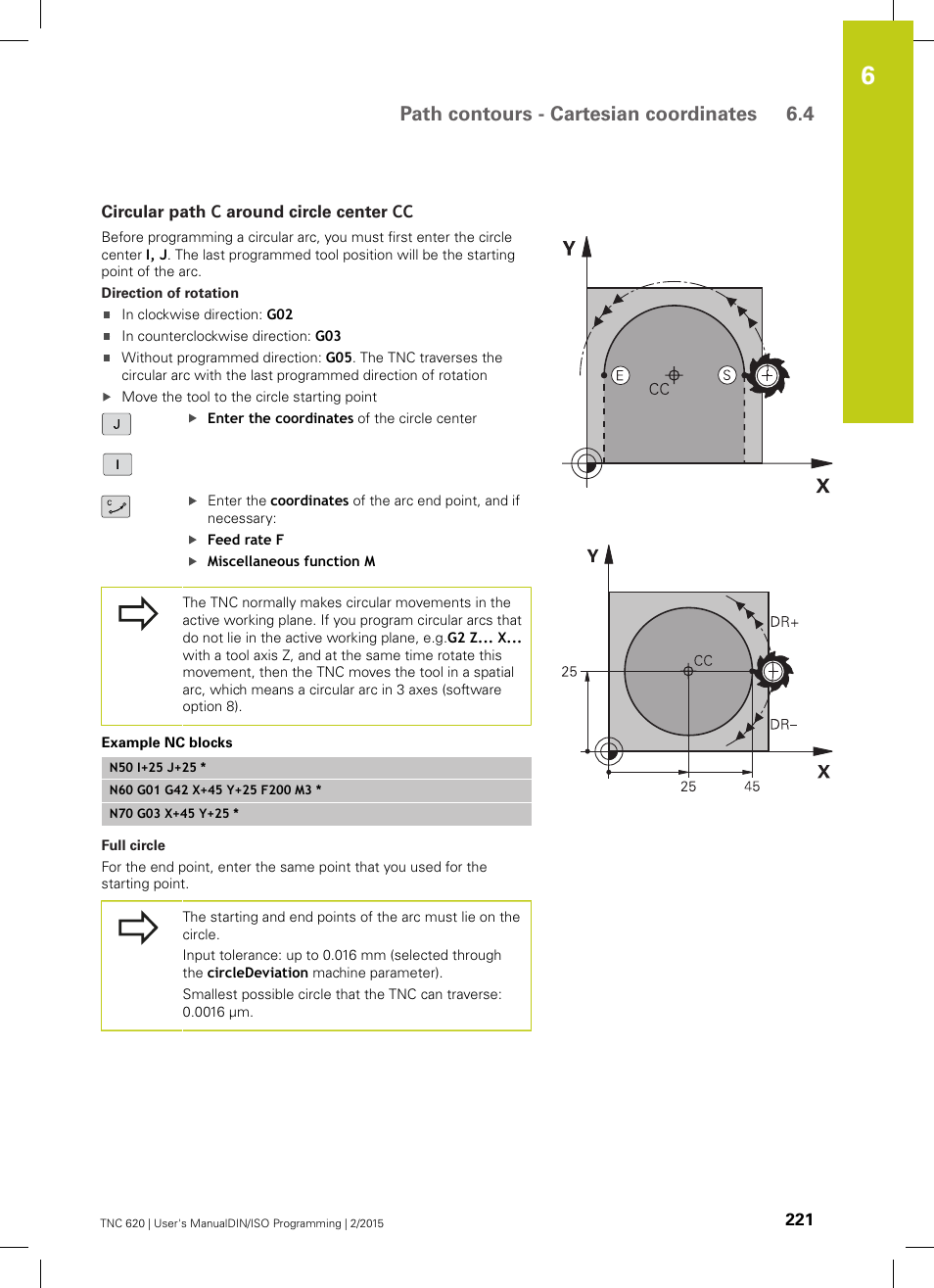 Circular path c around circle center cc, Path contours - cartesian coordinates 6.4 | HEIDENHAIN TNC 620 (81760x-02) ISO programming User Manual | Page 221 / 629