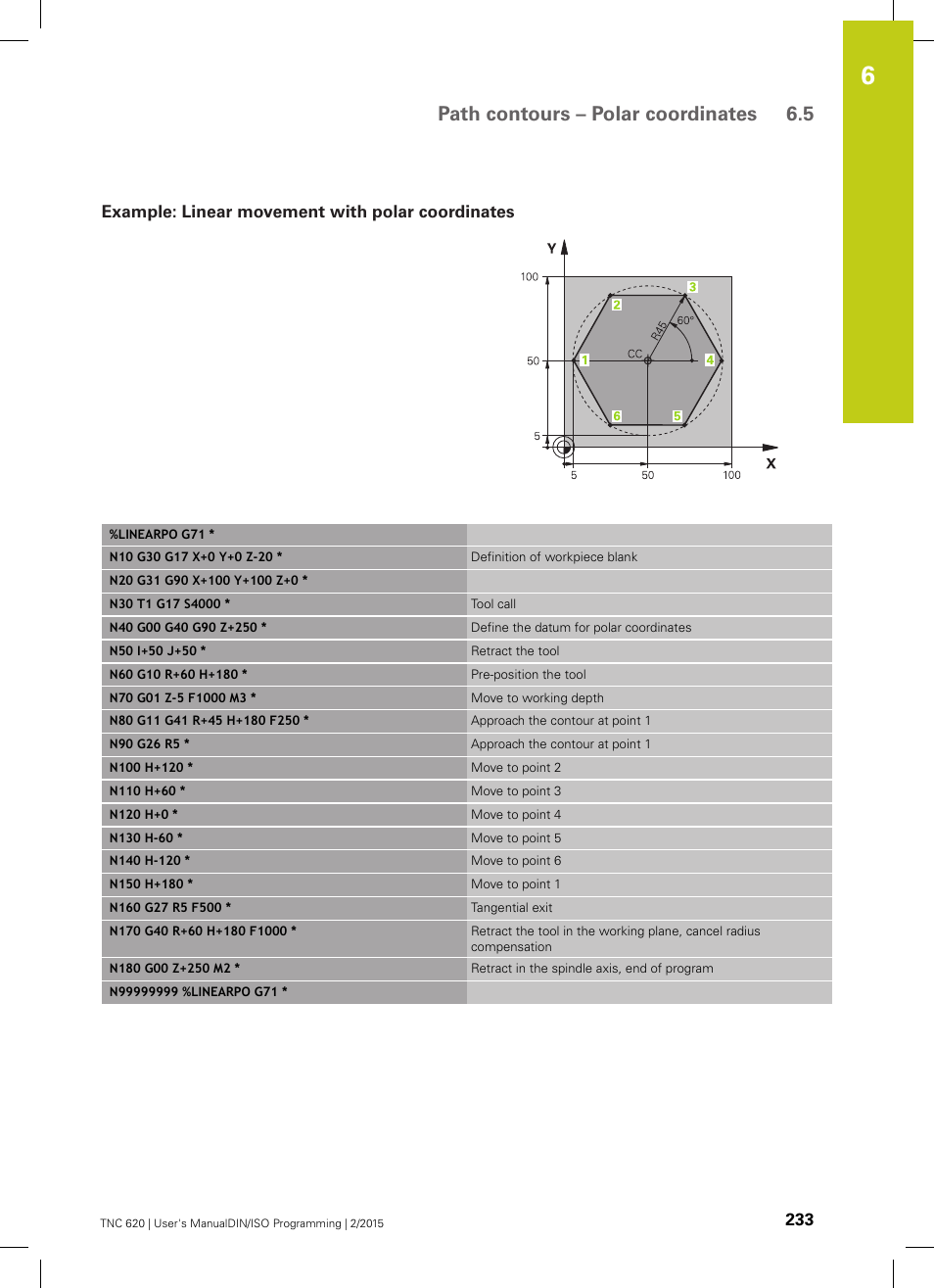 Example: linear movement with polar coordinates, Path contours – polar coordinates 6.5 | HEIDENHAIN TNC 620 (81760x-02) ISO programming User Manual | Page 233 / 629