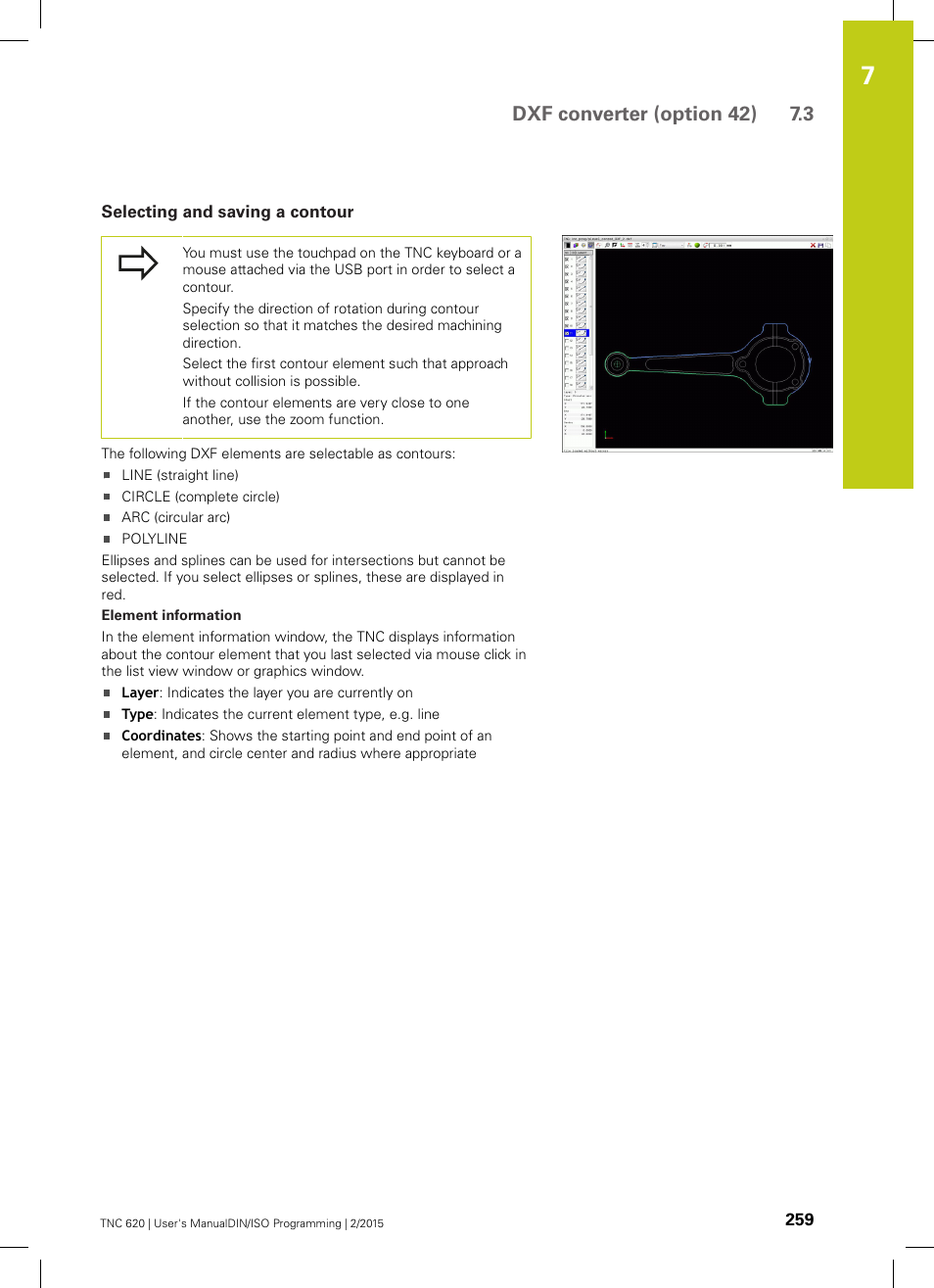 Selecting and saving a contour, Dxf converter (option 42) 7.3 | HEIDENHAIN TNC 620 (81760x-02) ISO programming User Manual | Page 259 / 629