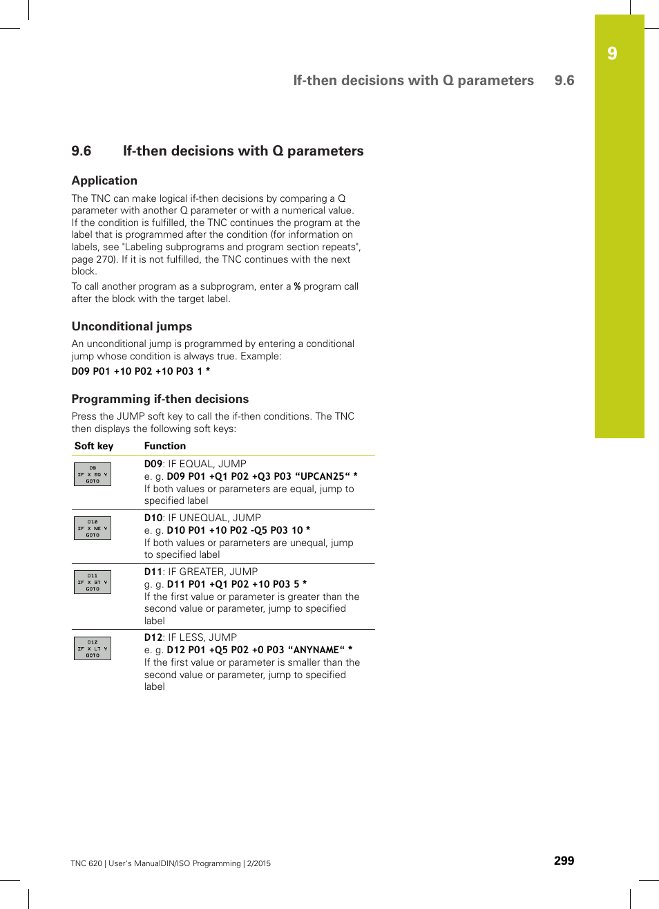 6 if-then decisions with q parameters, Application, Unconditional jumps | Programming if-then decisions, If-then decisions with q parameters, If-then decisions with q parameters 9.6 | HEIDENHAIN TNC 620 (81760x-02) ISO programming User Manual | Page 299 / 629