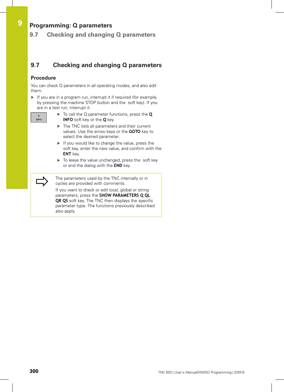 7 checking and changing q parameters, Procedure, Checking and changing q parameters | HEIDENHAIN TNC 620 (81760x-02) ISO programming User Manual | Page 300 / 629