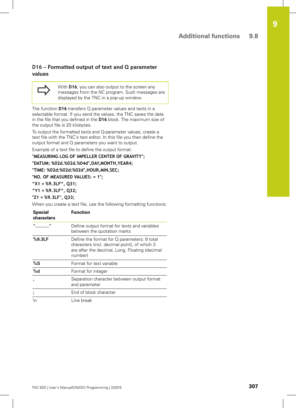 Additional functions 9.8 | HEIDENHAIN TNC 620 (81760x-02) ISO programming User Manual | Page 307 / 629