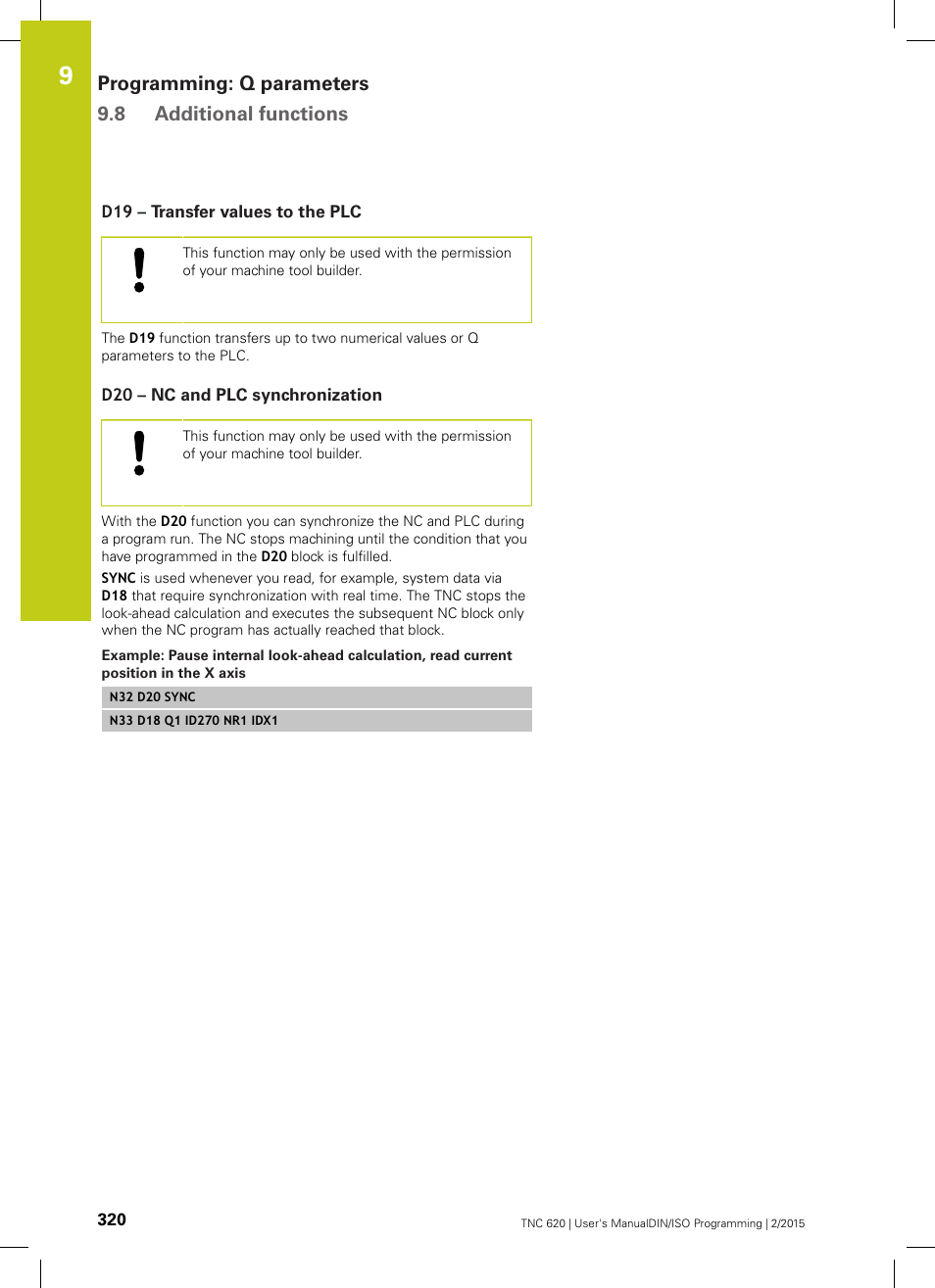 D19 – transfer values to the plc, D20 – nc and plc synchronization, Programming: q parameters 9.8 additional functions | HEIDENHAIN TNC 620 (81760x-02) ISO programming User Manual | Page 320 / 629