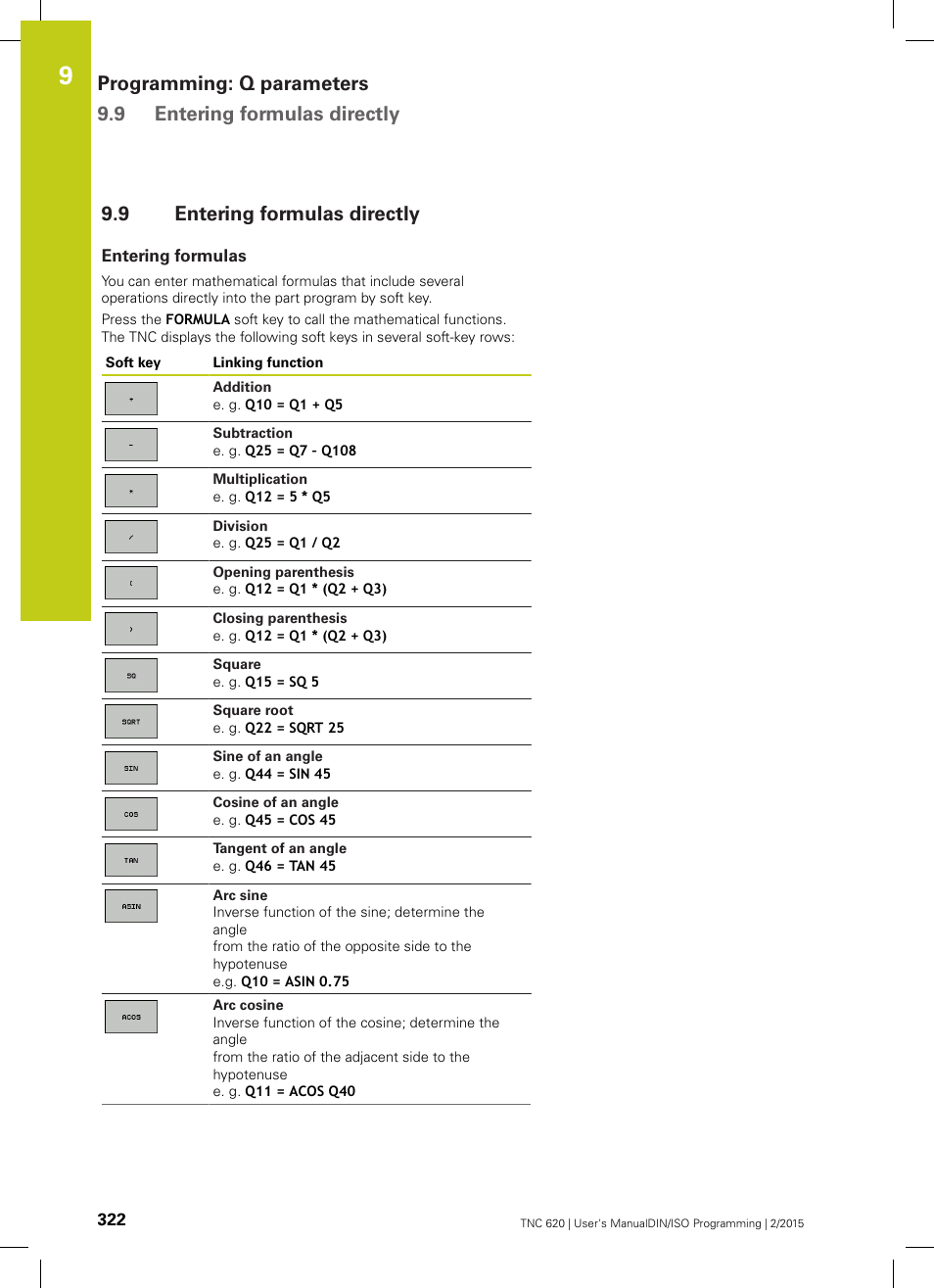 9 entering formulas directly, Entering formulas, Entering formulas directly | HEIDENHAIN TNC 620 (81760x-02) ISO programming User Manual | Page 322 / 629