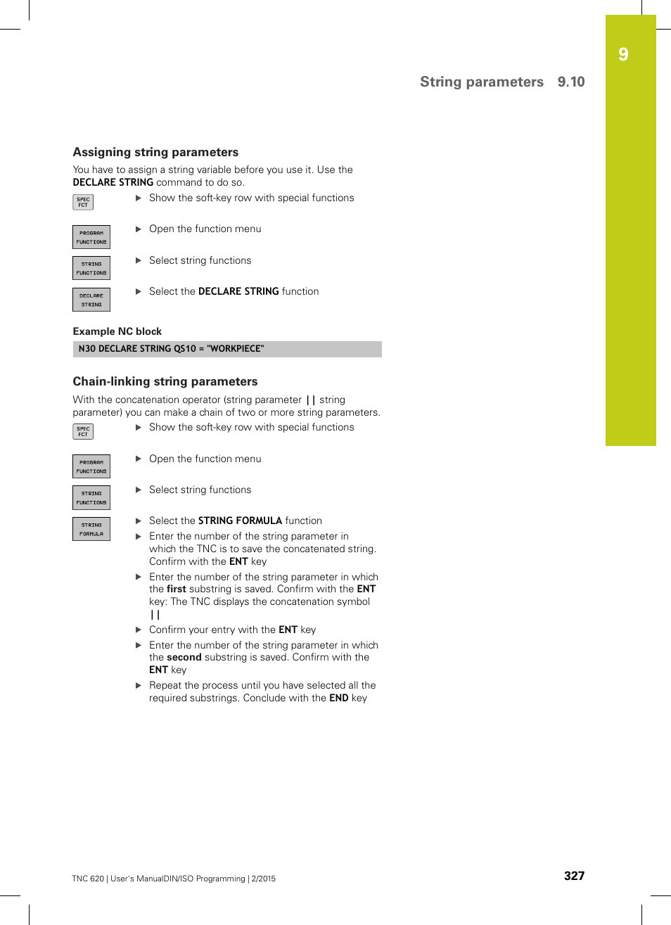 Assigning string parameters, Chain-linking string parameters, String parameters 9.10 | HEIDENHAIN TNC 620 (81760x-02) ISO programming User Manual | Page 327 / 629