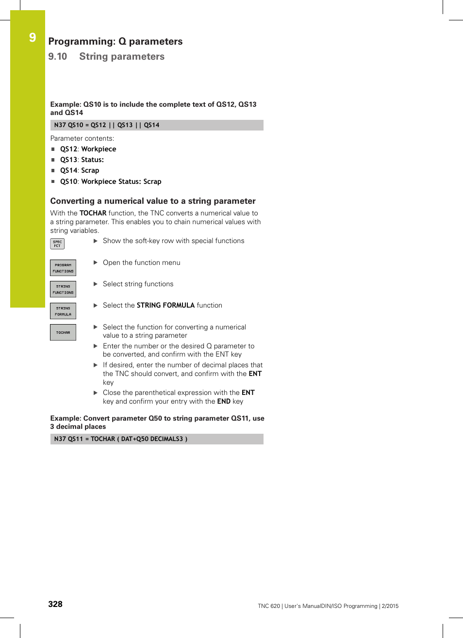 Converting a numerical value to a string parameter, Programming: q parameters 9.10 string parameters | HEIDENHAIN TNC 620 (81760x-02) ISO programming User Manual | Page 328 / 629