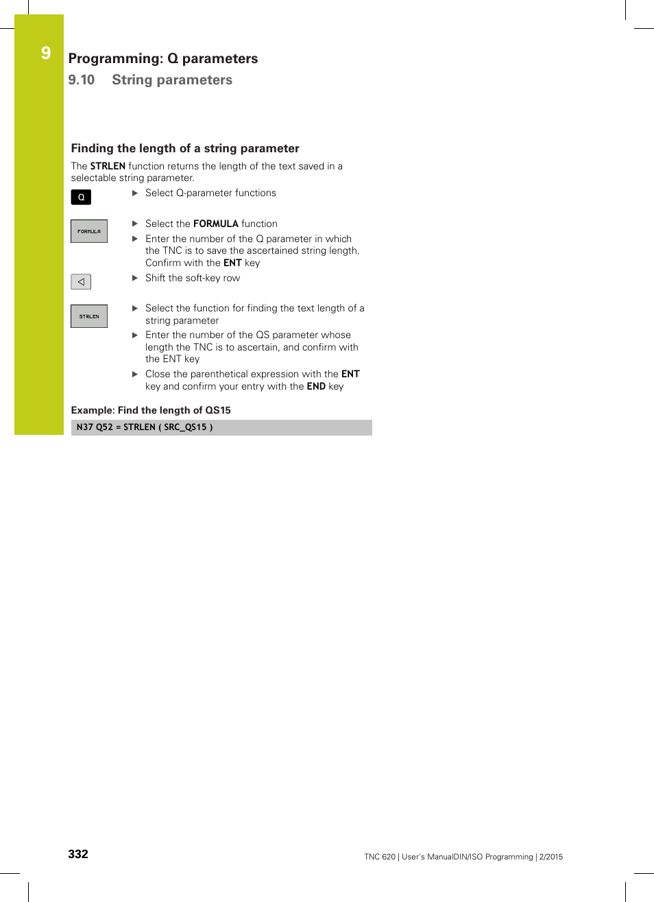 Finding the length of a string parameter, Programming: q parameters 9.10 string parameters | HEIDENHAIN TNC 620 (81760x-02) ISO programming User Manual | Page 332 / 629