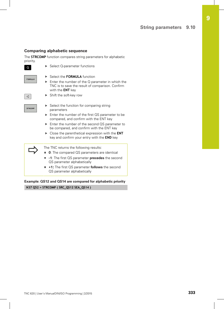 Comparing alphabetic sequence, String parameters 9.10 | HEIDENHAIN TNC 620 (81760x-02) ISO programming User Manual | Page 333 / 629