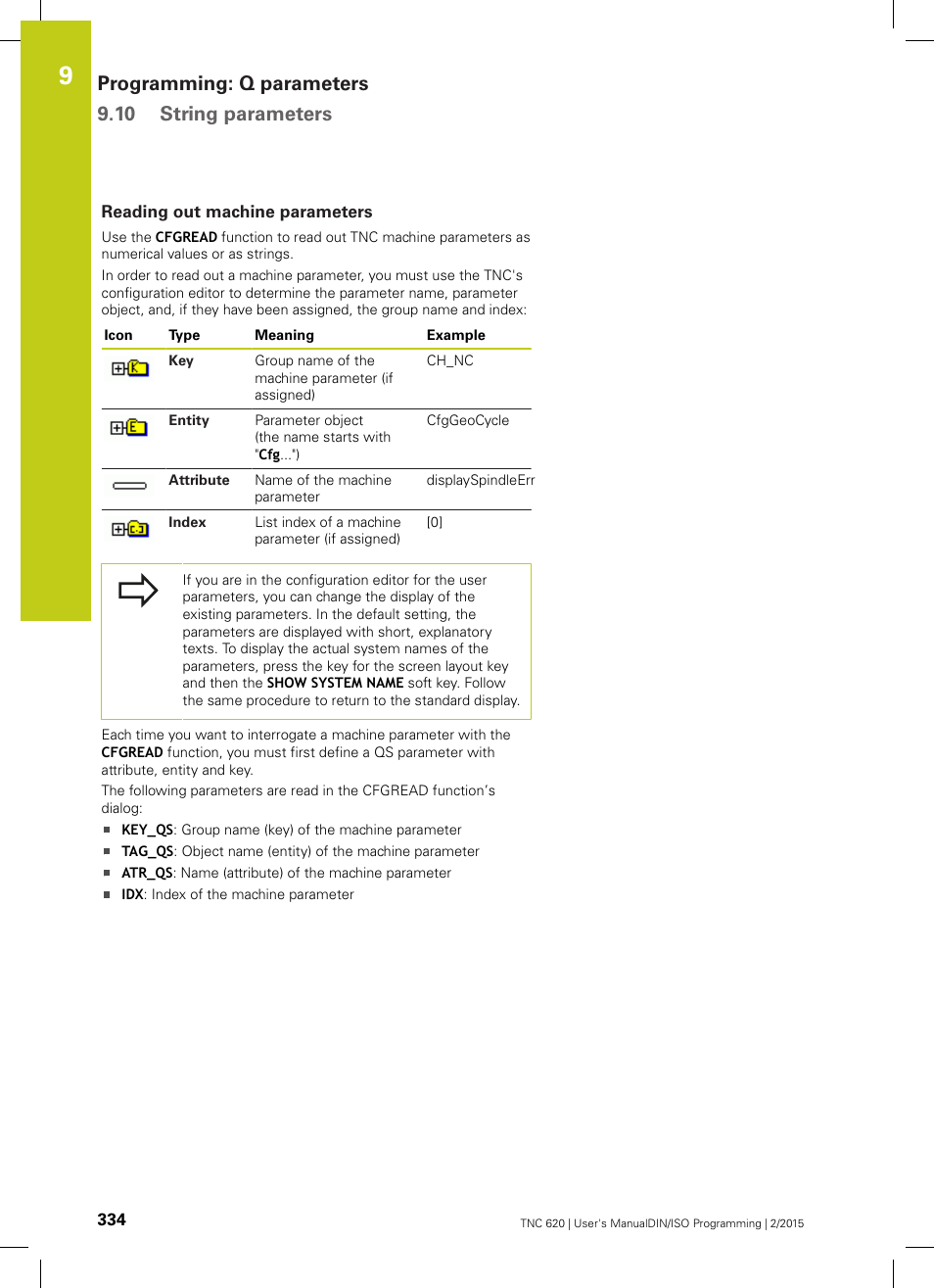 Reading out machine parameters, Programming: q parameters 9.10 string parameters | HEIDENHAIN TNC 620 (81760x-02) ISO programming User Manual | Page 334 / 629