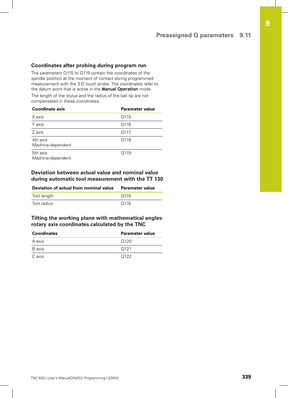 Coordinates after probing during program run, Preassigned q parameters 9.11 | HEIDENHAIN TNC 620 (81760x-02) ISO programming User Manual | Page 339 / 629