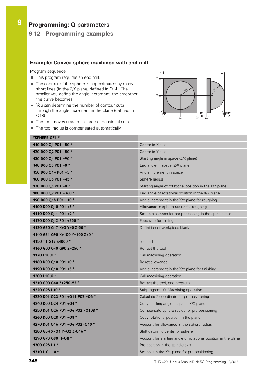 Example: convex sphere machined with end mill | HEIDENHAIN TNC 620 (81760x-02) ISO programming User Manual | Page 346 / 629