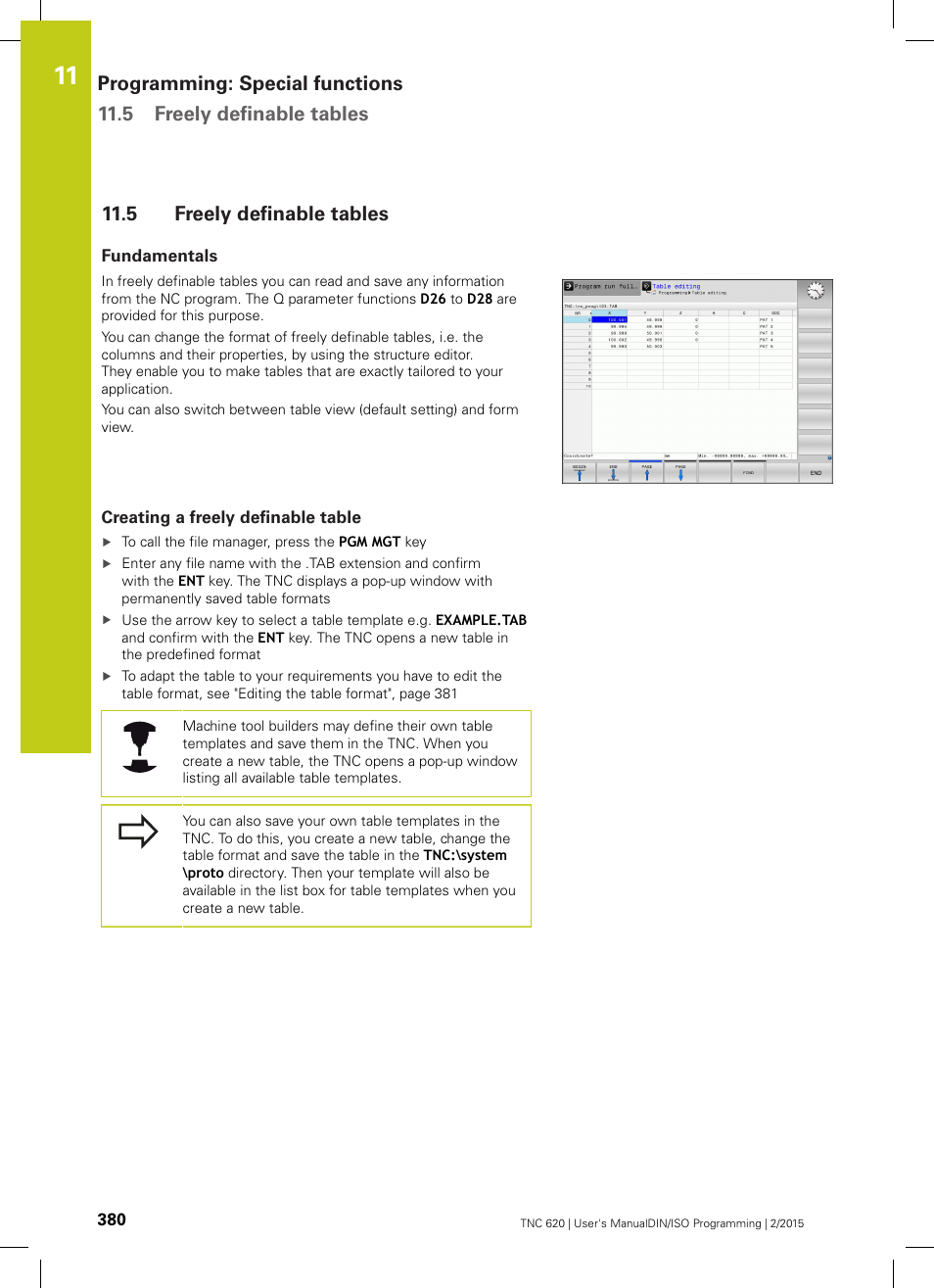 5 freely definable tables, Fundamentals, Creating a freely definable table | Freely definable, Freely definable tables | HEIDENHAIN TNC 620 (81760x-02) ISO programming User Manual | Page 380 / 629