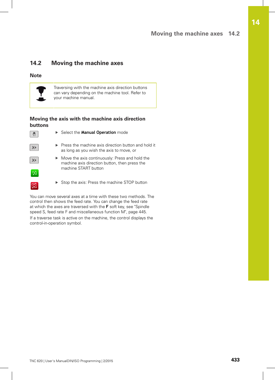 2 moving the machine axes, Note, Moving the machine axes | Moving the machine axes 14.2 | HEIDENHAIN TNC 620 (81760x-02) ISO programming User Manual | Page 433 / 629