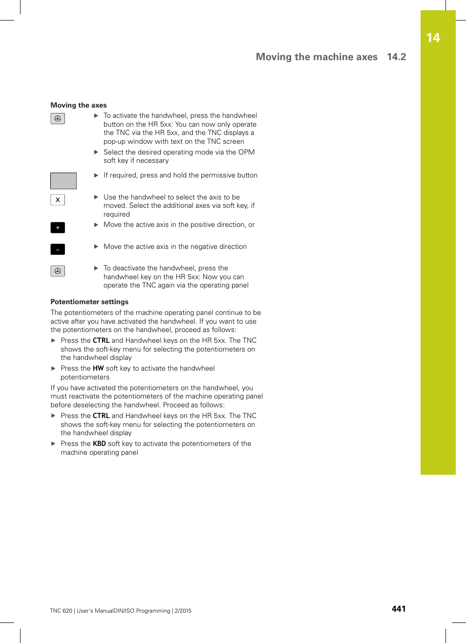 Moving the machine axes 14.2 | HEIDENHAIN TNC 620 (81760x-02) ISO programming User Manual | Page 441 / 629
