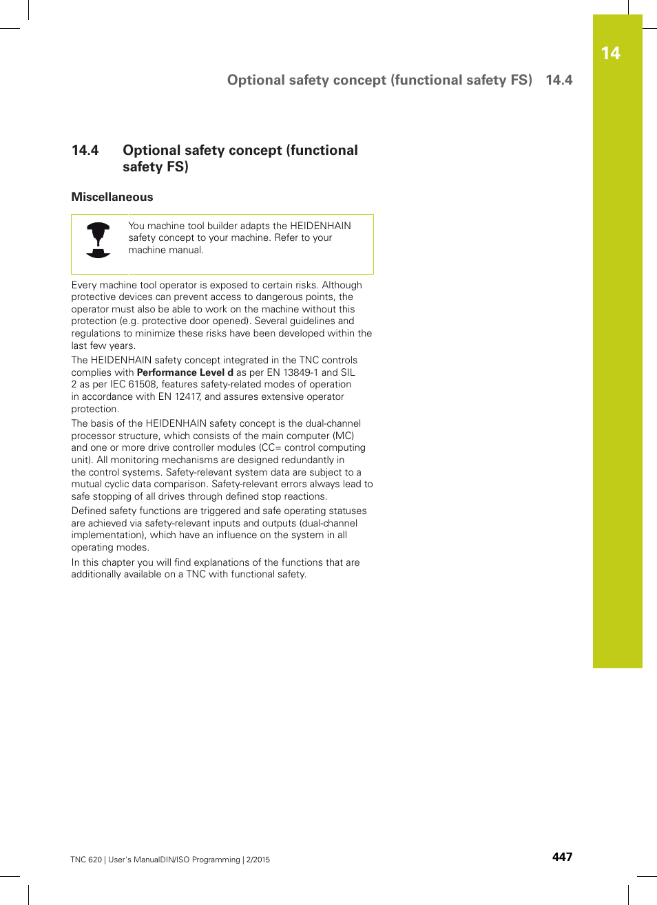 4 optional safety concept (functional safety fs), Miscellaneous, Optional safety concept (functional safety fs) | HEIDENHAIN TNC 620 (81760x-02) ISO programming User Manual | Page 447 / 629
