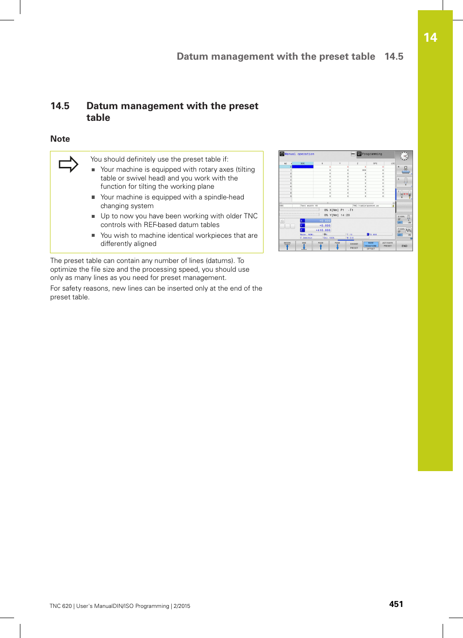 5 datum management with the preset table, Note, Datum management with the preset table | Datum management with the preset table 14.5 | HEIDENHAIN TNC 620 (81760x-02) ISO programming User Manual | Page 451 / 629
