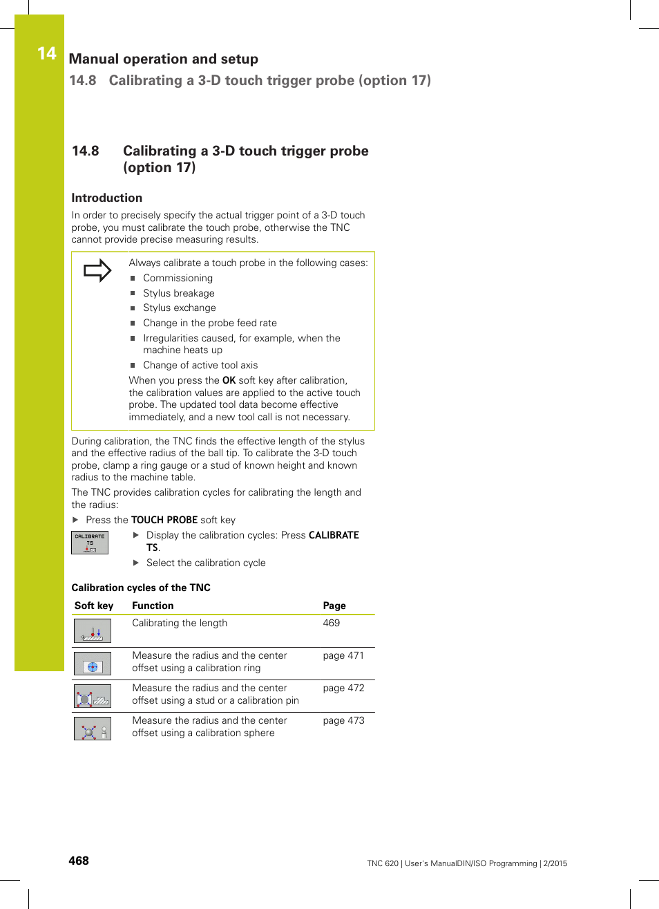 Introduction, Calibrating a 3-d touch trigger probe (option 17) | HEIDENHAIN TNC 620 (81760x-02) ISO programming User Manual | Page 468 / 629