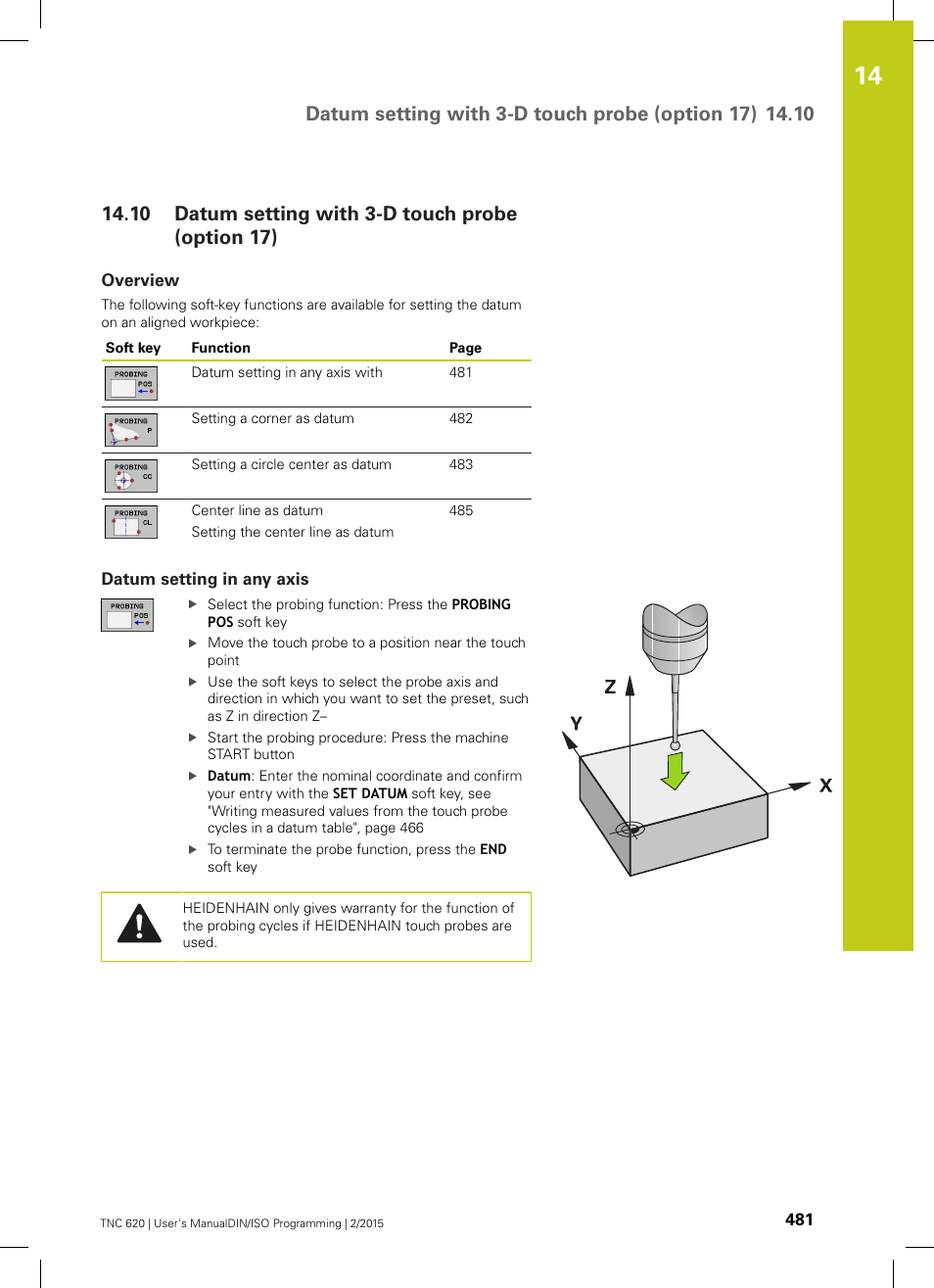 10 datum setting with 3-d touch probe (option 17), Overview, Datum setting in any axis | Datum setting with 3-d touch probe (option 17), H probe: see "datum setting with | HEIDENHAIN TNC 620 (81760x-02) ISO programming User Manual | Page 481 / 629
