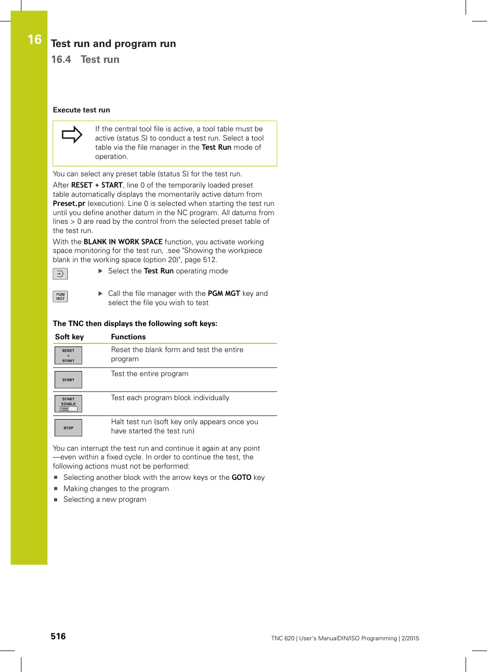 Test run and program run 16.4 test run | HEIDENHAIN TNC 620 (81760x-02) ISO programming User Manual | Page 516 / 629