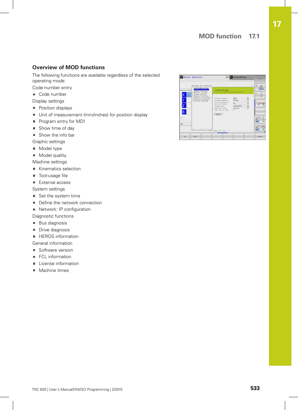 Overview of mod functions, Mod function 17.1 | HEIDENHAIN TNC 620 (81760x-02) ISO programming User Manual | Page 533 / 629